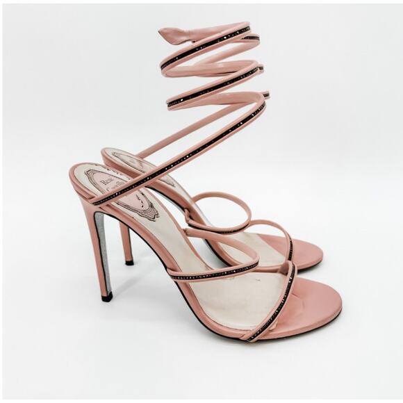 Rene Caovilla Heels Wrap Crystal 38.5 Pink High Sandals Embellished Box Beaded - Picture 2 of 11